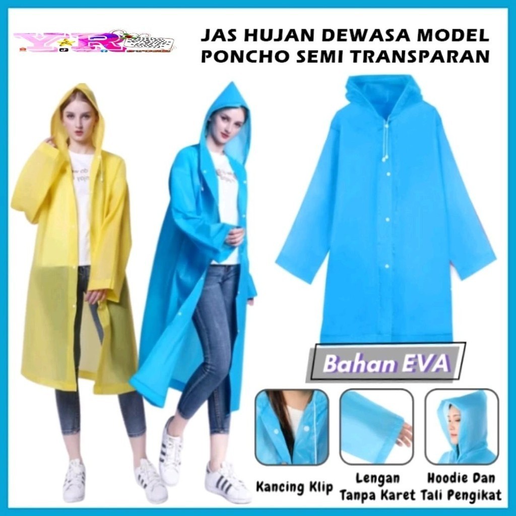 Jas Hujan Dewasa Model Poncho Waterproof Bahan EVA Tebal / Jas Hujan Mantel Korea + Hoodie Semi Tran