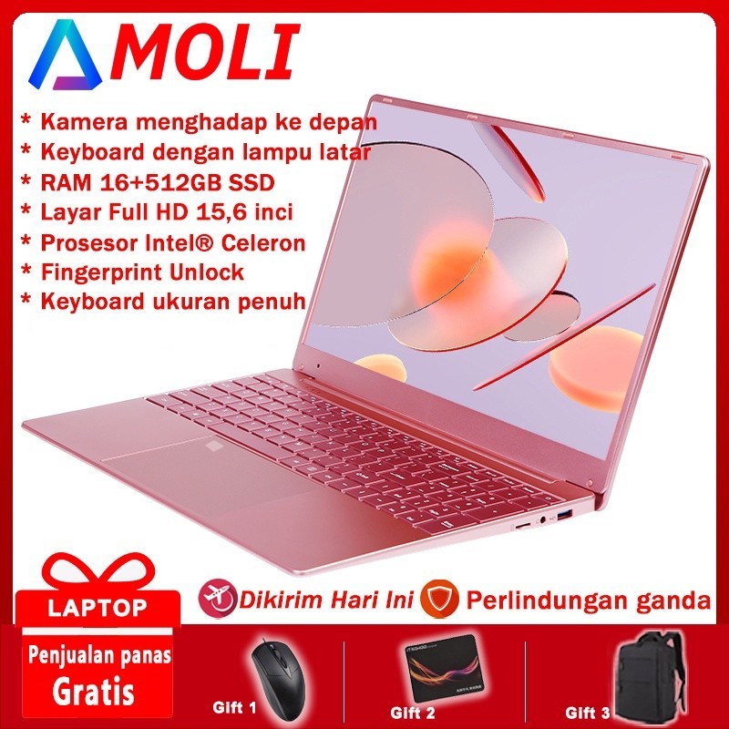 AMOLI 【Pengiriman lokal】 Laptop merah muda 15,6 inci RAM16+512GB SSD Win11+sidik jari membuka+kantor/studi/desain grafik hadiah yang cocok，Bonus Buka Kunci dengan Sidik Jari Keyboard Lampu Latar，Laptop Merah Muda Asli Baru 2024