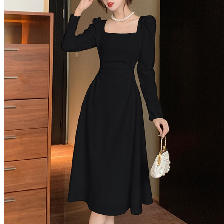 dress long korean style vintage princess hitam Wanita cantik lengan panjang midi big size dress form