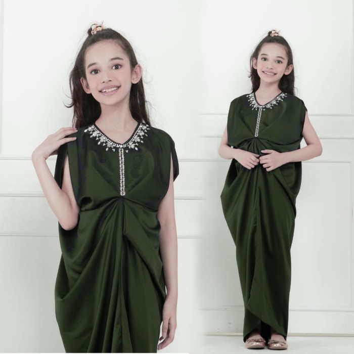 kaftan anak Trisna hijau botol baju pesta lebaran cantik murah