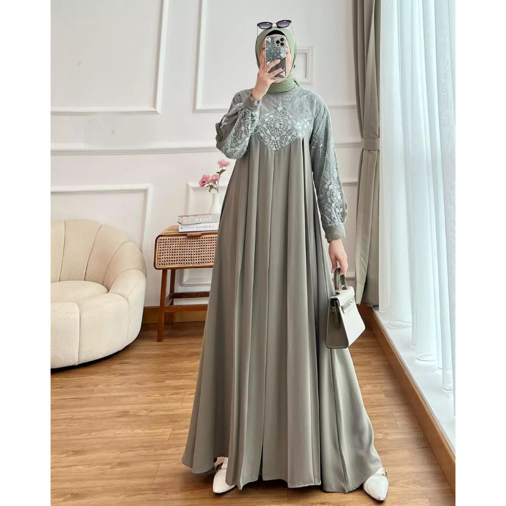 Davina Dress Kondang Brukat Jumbo Gamis Pesta Mewah Wanita Kekinian Warna Green Sage Baju Gamis Kond