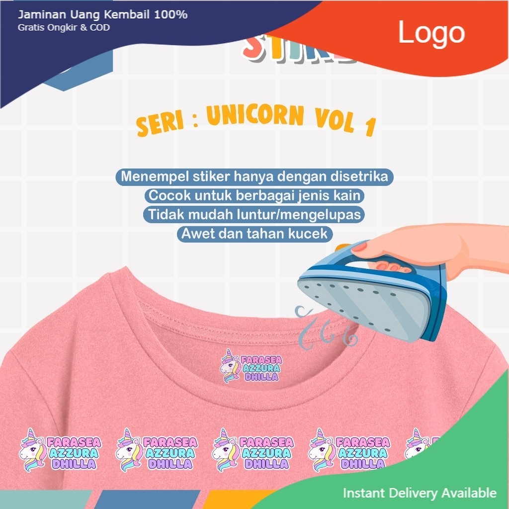 

[ISI 48-96pcs] Stiker Custom Nama Baju Kain Anak Setrika Label Seragam Sekolah - Unicorn Vol 1