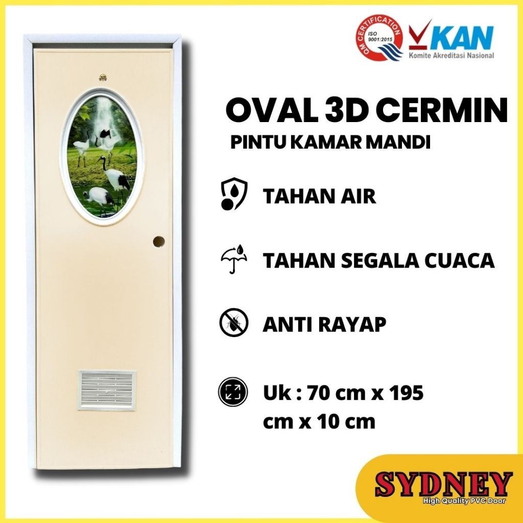 Pintu Kamar Mandi PVC Tebal Kaca Oval Gambar 3D - Sydney