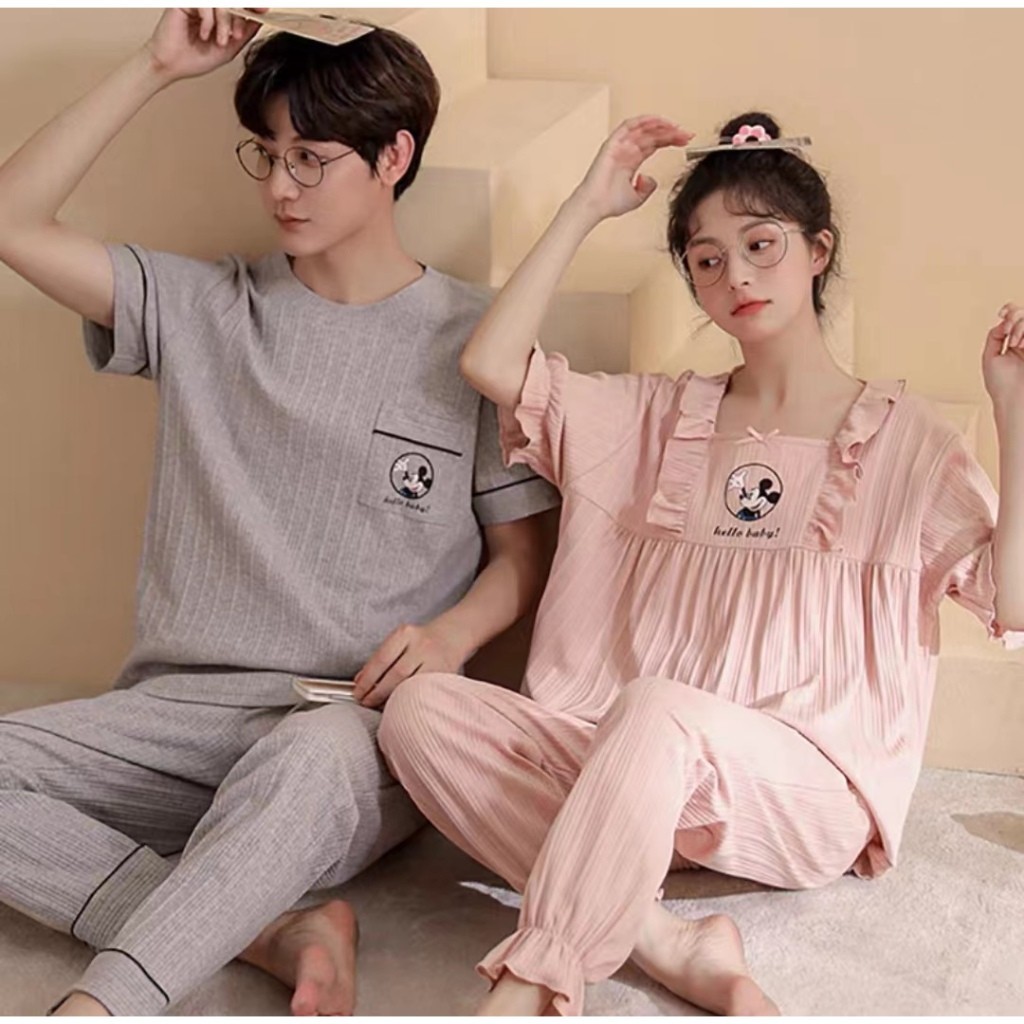SETELAN SETCEL PIYAMA BAJU TIDUR CP COUPLE KATUN IMPORT SALUR PASANGAN KELUARGA SUAMI ISTRI CEWEK CO