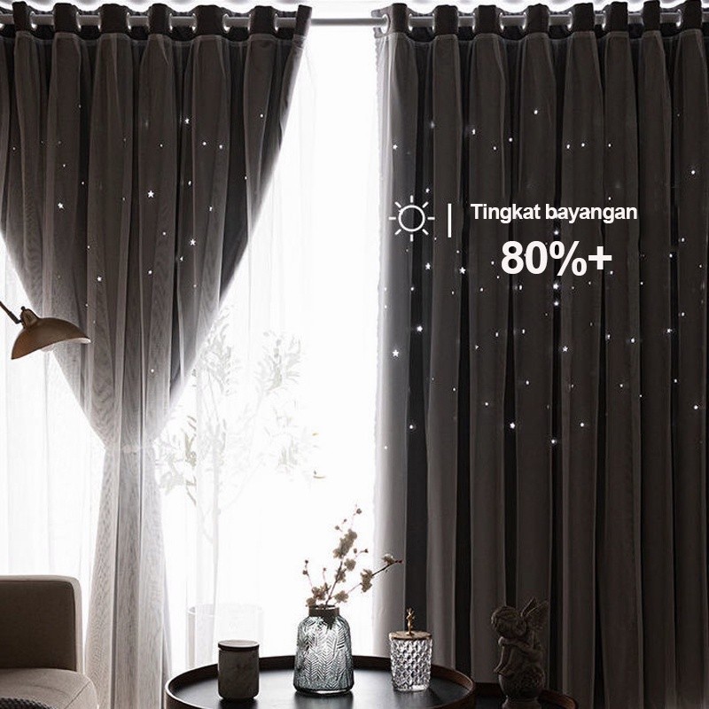 Gorden Jendela 90% Blackout Gradien Lapisan Dua Tirai Ring 12 Semokring Bulat gordeng Minimalis star