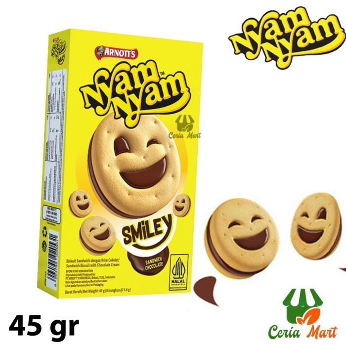 

Biskuit Coklat Nyam Nyam Smiley 45 gr Snack Cemilan Anak Anak Nyamyam