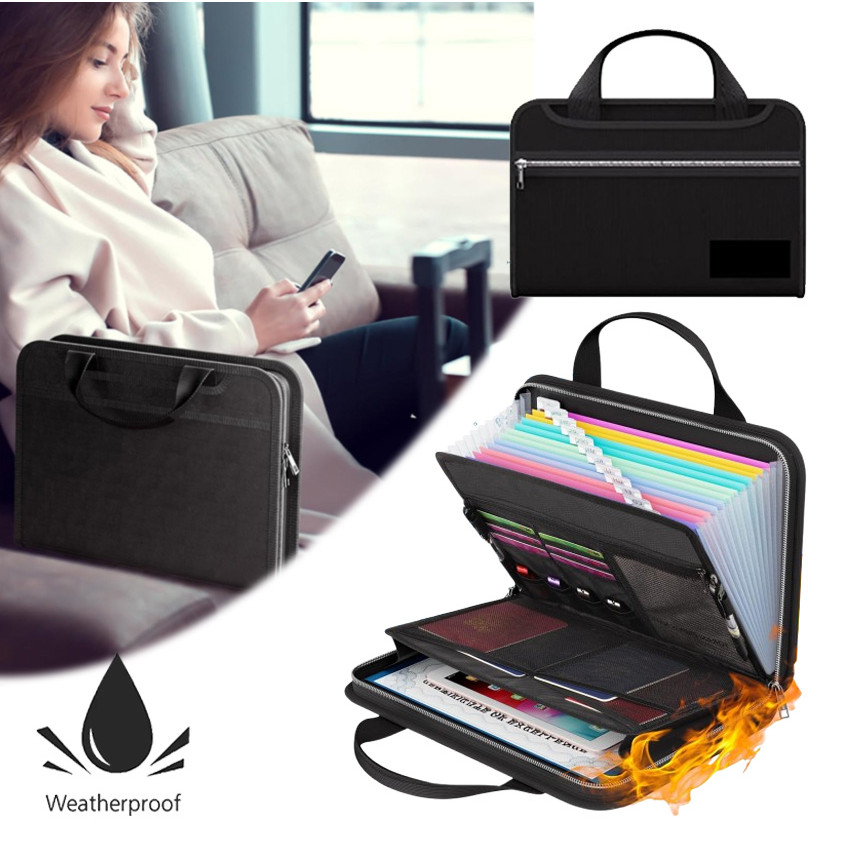 

New Multifunctional File Bag Waterproof Fireproof 12 Grid Organ Bag with Handle Passport File Storage Bag Office Storage Folder