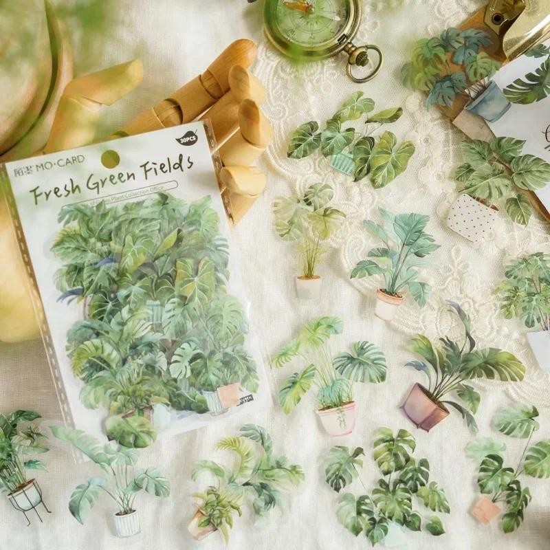

30Sheets PET White Sticker Pack Green Plant Collection Supplies Decorative Desert Green plant Handbook Scrapbook 130*85MM