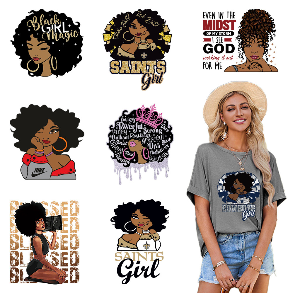 

Fashion Lady Custom DTF Heat transfers for Tshirts Beautiful Black Girl Iron-On Stickers For Garment Ready to Press DTF Stickers