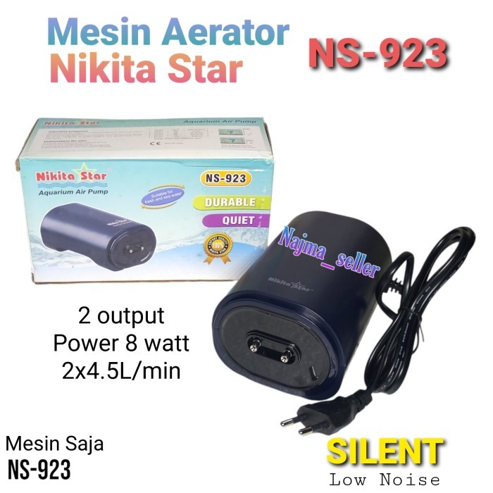 Paket Aerator 2 Lubang NS-923. SILENT, tenaga besar. Daya 8 watt. 2x 4.5L/min. Khusus aquarium atau 