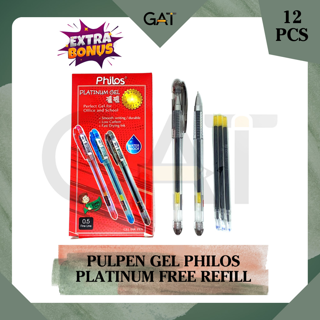 

PULPEN GEL PHILOS PLATINUM PER BOX ISI 12PCS (FREE 3 REFILL)