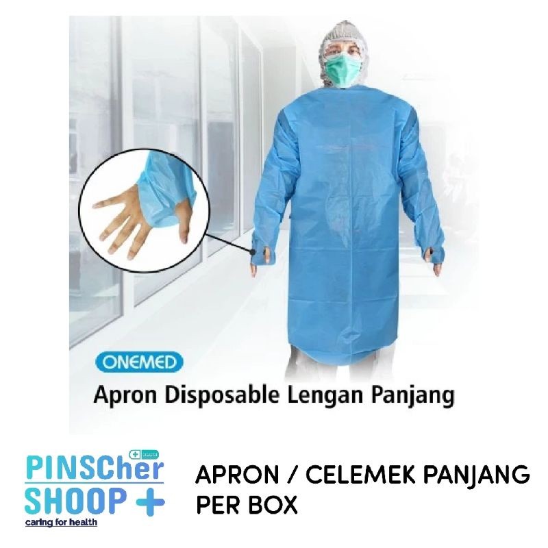 Apron Lengan Panjang Onemed Plastik Celemek Panjang Biru / Box