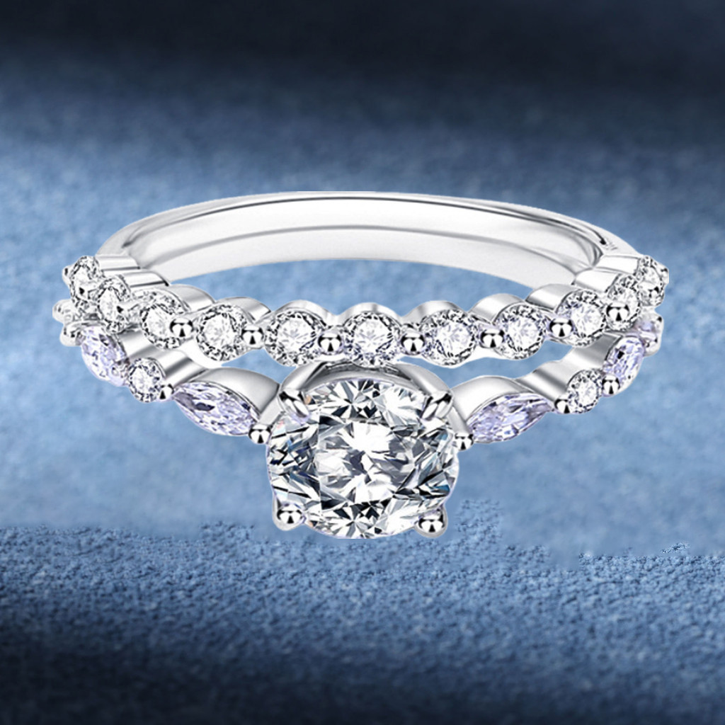 Cincin Moissanite Set Berlian 1 Karat Wanita, Dua Cincin,Cincin Moissanite Sertifikat Gra Cincin Moi