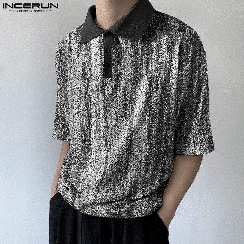 INCERUN Sequin Panel Lapel Top POLO Shirts