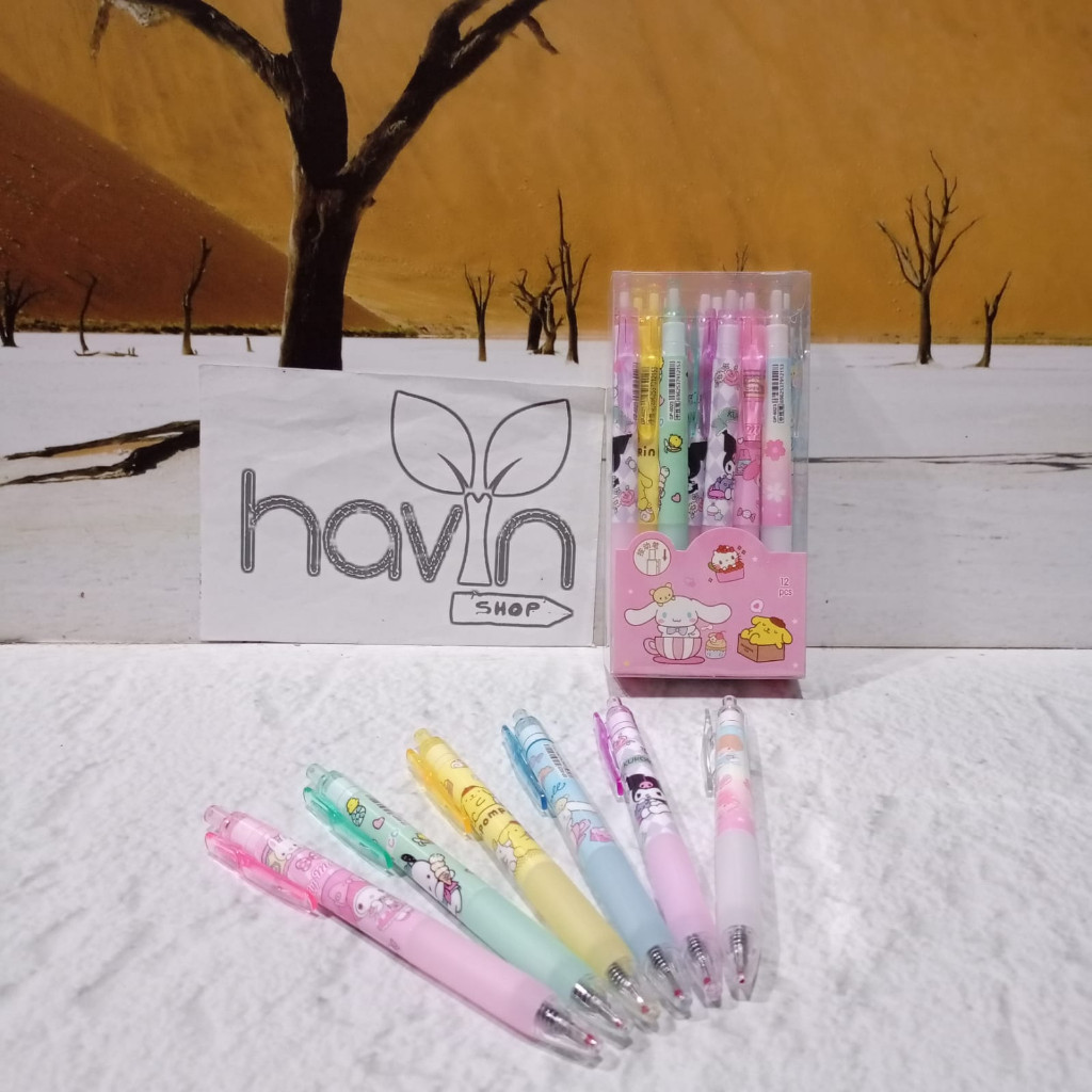 

sg (12 pc) PEN GEL CETEK KLIK SANRIO KUROMI MELODY HELLOKITTY PENA BALLPEN LOTSO LABUBU