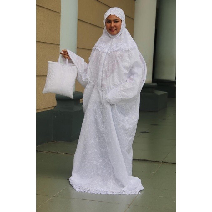 mukena terusan lajur katun jepang putih polos prada bordir besar jumbo