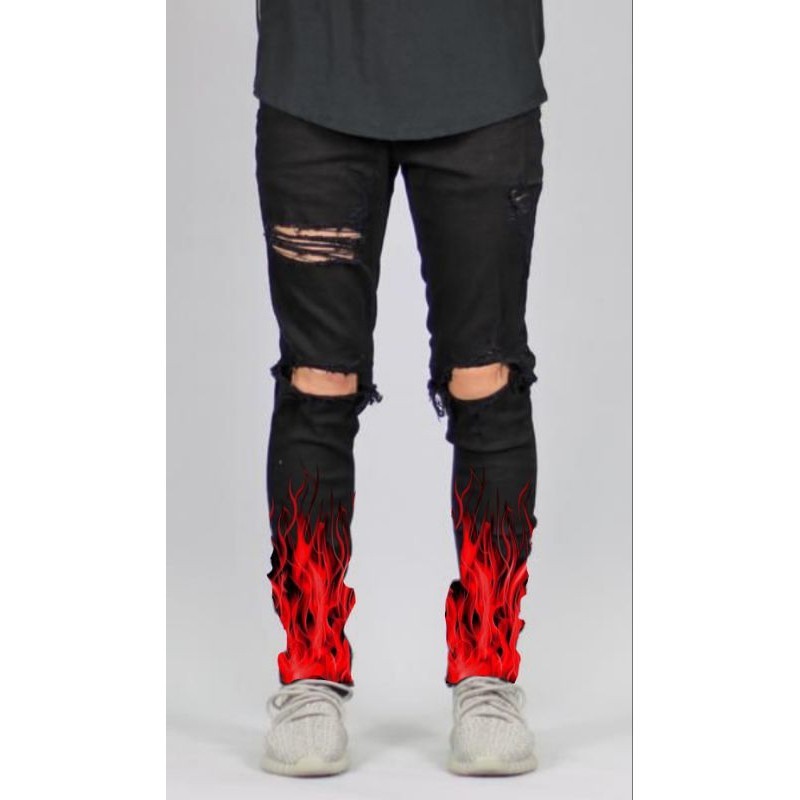 celana jeans panjang sobek pria printed api merah-celana penjang jeans melar-celana panjang pria ski