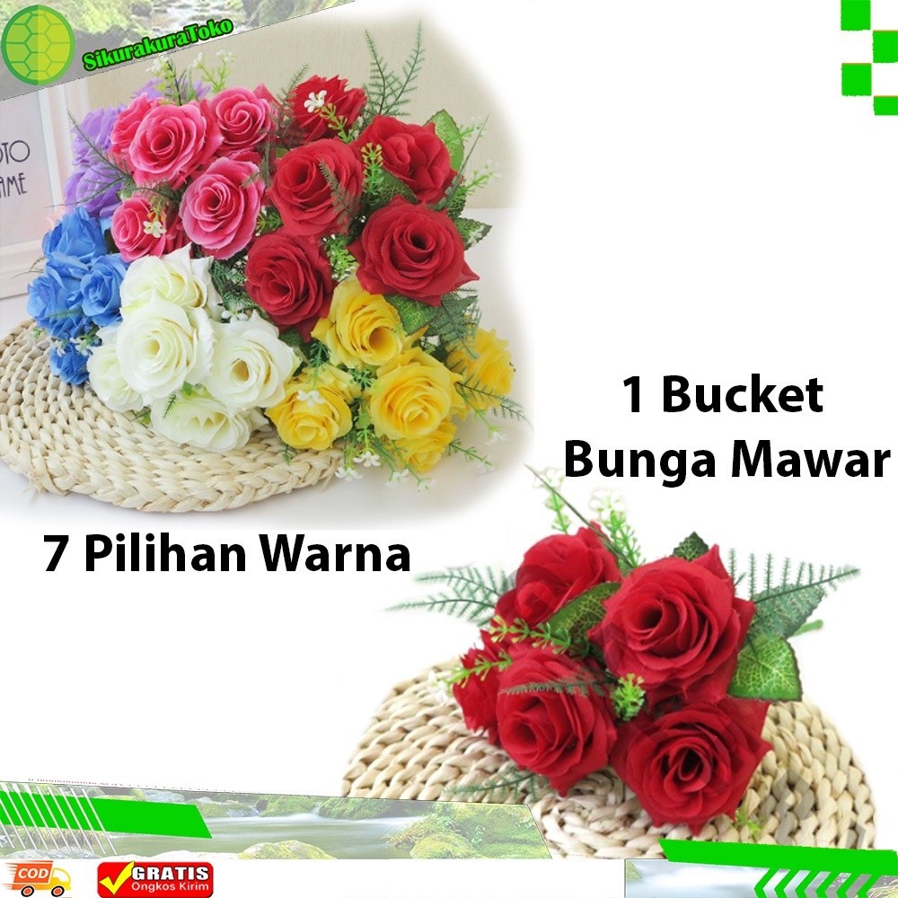 (SKN) 1 Ikat Bunga Mawar TANPA POT Bouqet Tanaman Hias Artificial Tangkai Dekorasi Ruangan Import 7 