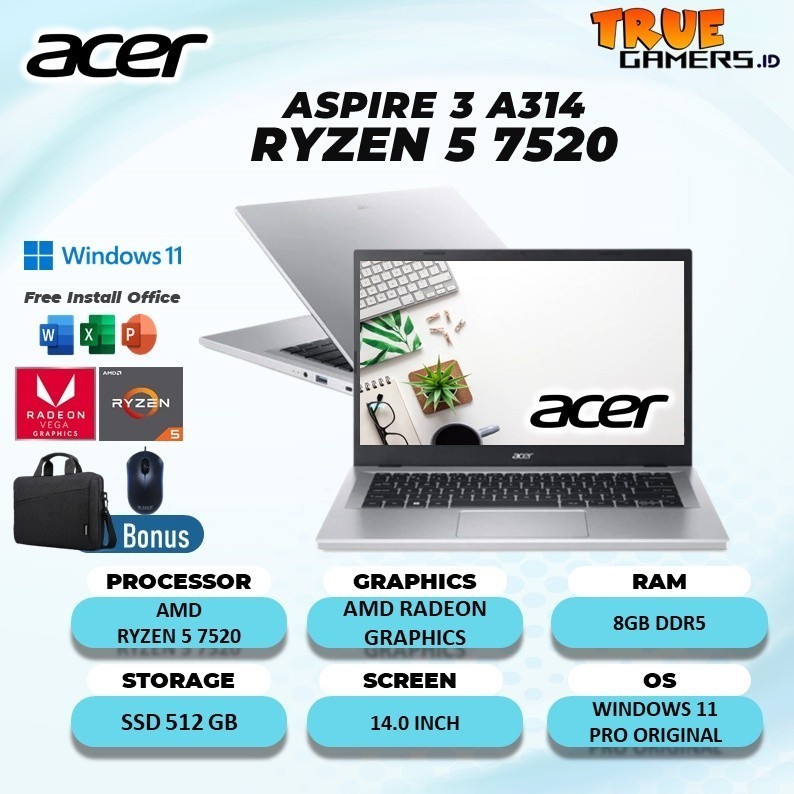 Laptop Acer Aspire 3 A314 Ryzen 5 7520 8GB 512SSD WIN11pro 14.0 inch