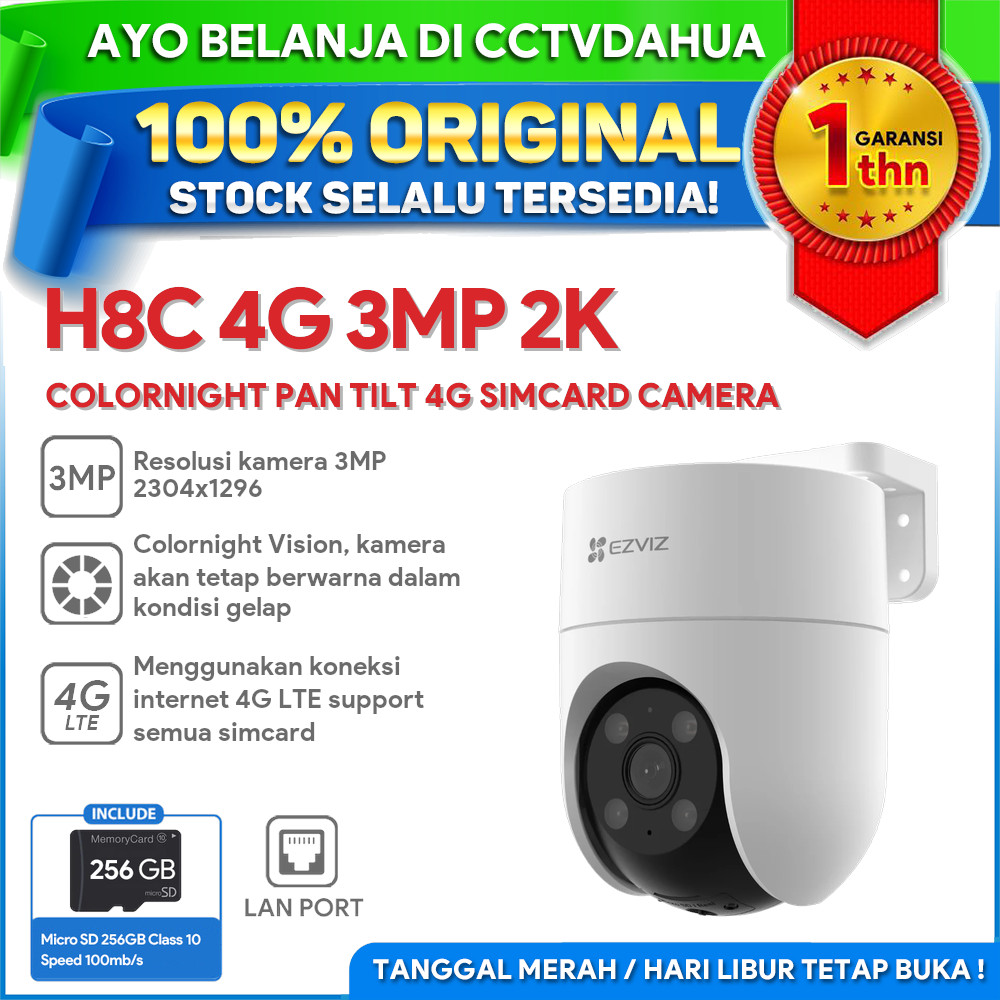 EZVIZ H8C 4G 3MP 2K COLORNIGHT PAN TILT 4G SIMCARD ALL OPERATOR CAMERA FREE MICRO SD 256GB