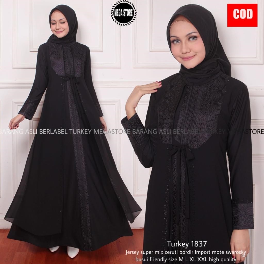 ( PROMO TERBARU BUY 1 GET 1 ) TURKEY 1837 Gamis Abaya Dress Dubai Arabian Style warna Hitam Wanita I