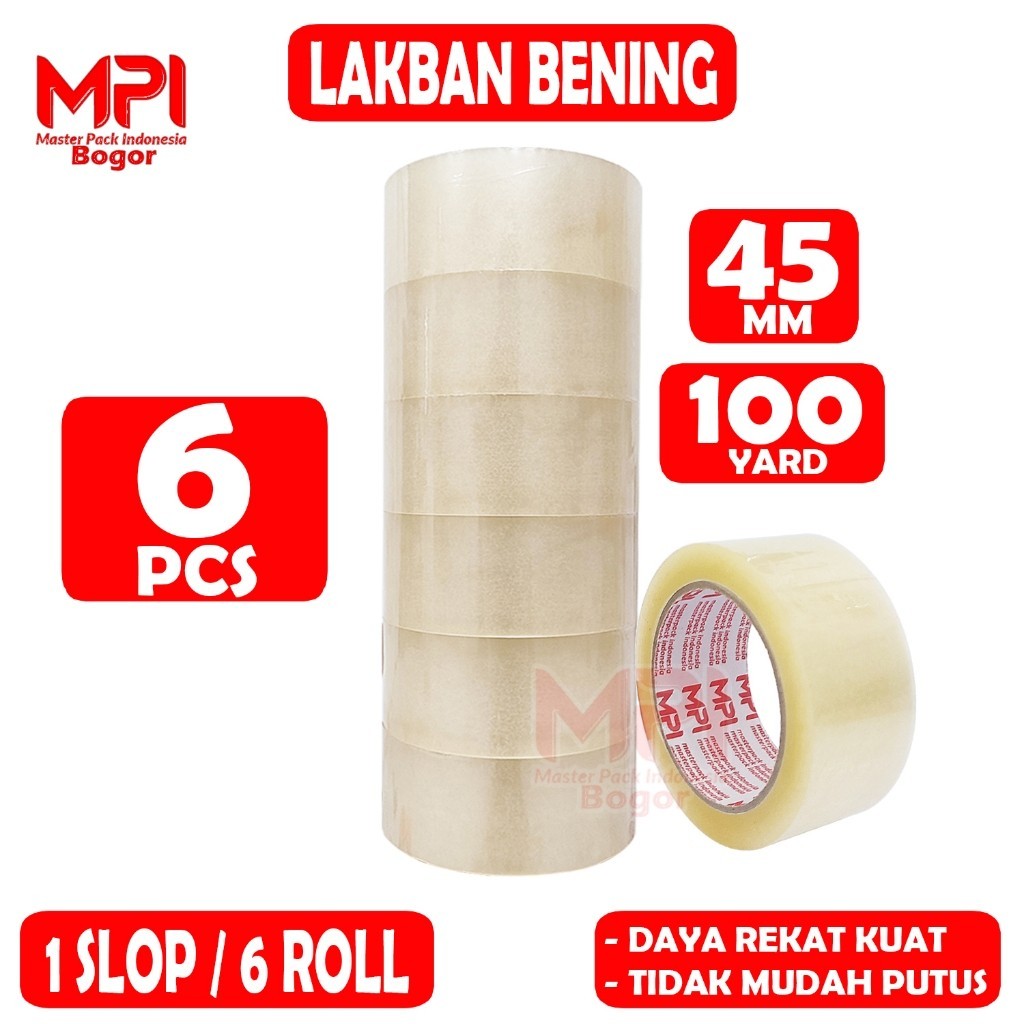 

1 SLOP ( 6 PCS ) - Lakban Bening Ukuran 45 MM x 100 YARD / Lakban Packing - Master Pack Indonesia Bandung