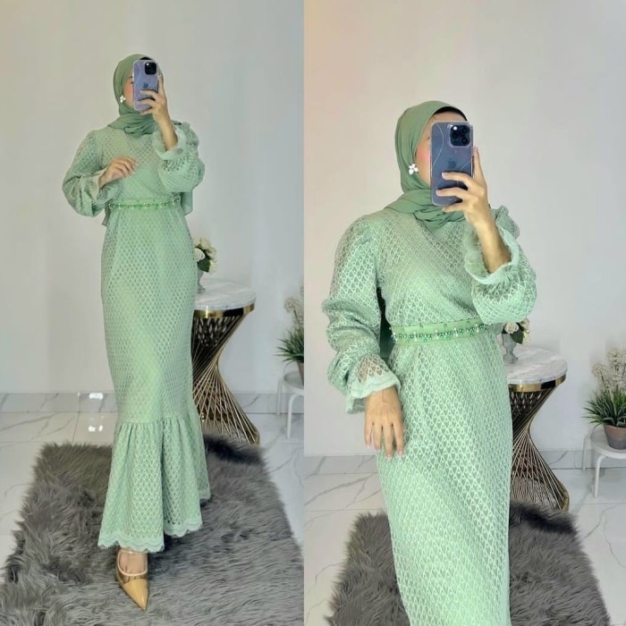 gamis duyung Yuliana Sage baju pesta dress mermaid brukat murah - NM