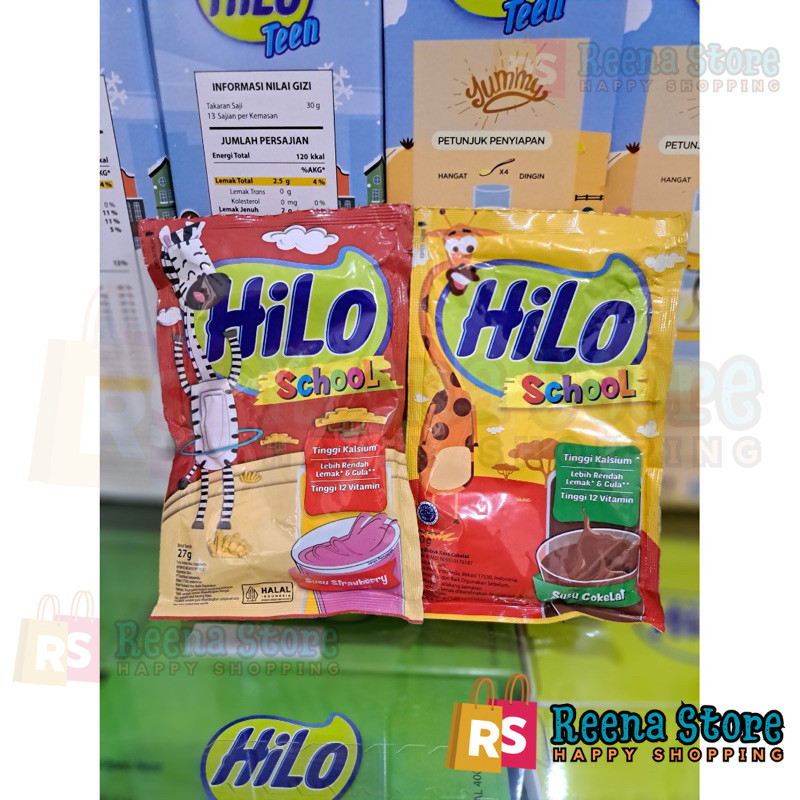 

HiLo School @ 30 gr Susu Chocolate, Strawberry 1 renceng (10 Sachet x 30 gr) - Susu Tinggi Kalsium Lebih Rendah Gula - Reena Store