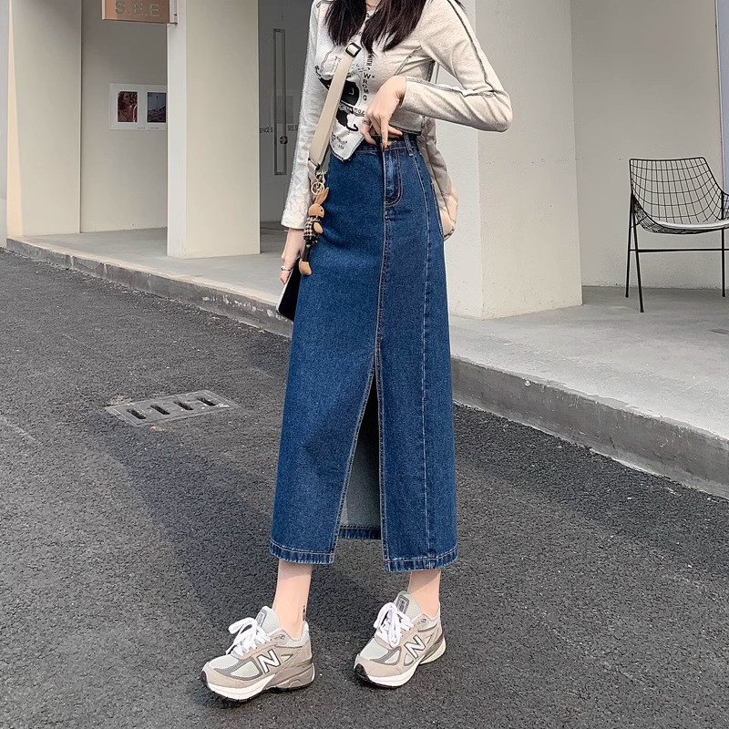 OS - Rok Jeans Span Belah Kancing Samping Alice Skirt Highwaist Korean Style Wanita Remaja Kekinian 
