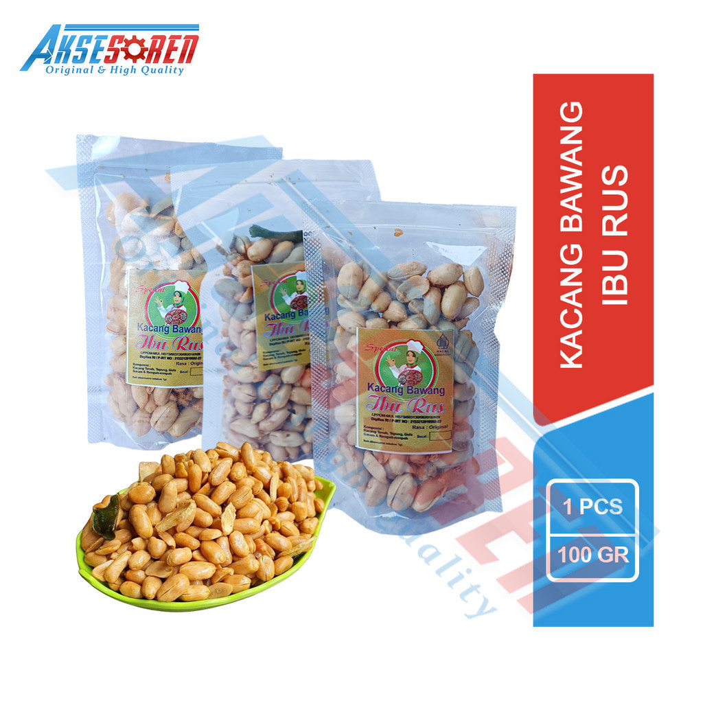 

Aksesoren Kacang Bawang Ibu Rus [Original/100gr] / Kacang Goreng Cemilan Gurih Asin Kemasan Pouch 100 Gram