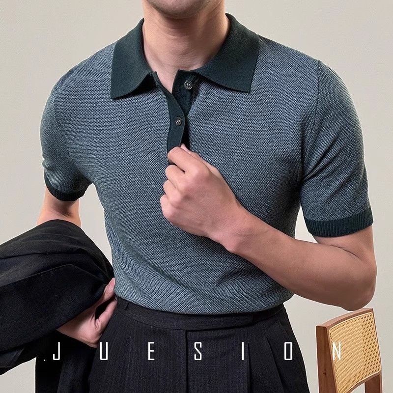 Kaos Polo Kerah Pria Colour Block Vintage Knit Polo Shirt
