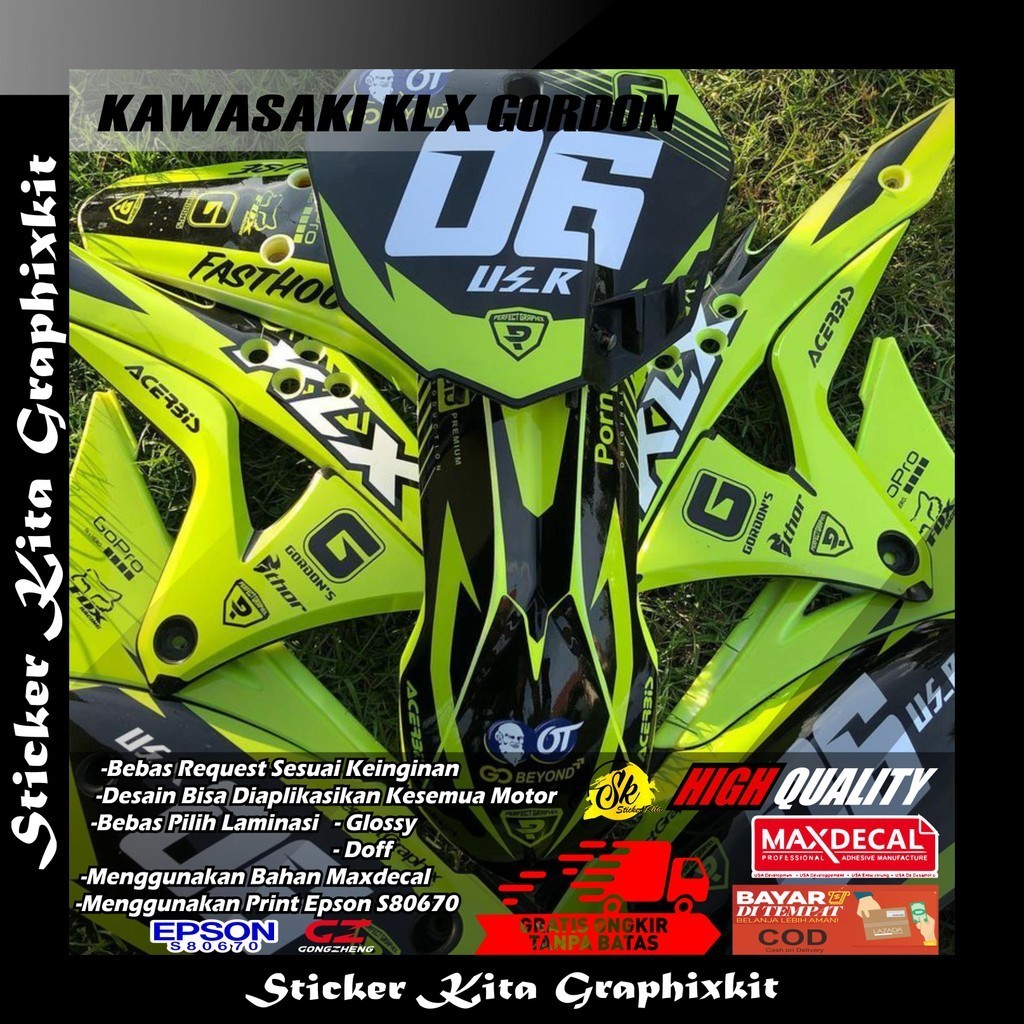294 DECAL STICKER FULLBODY MOTOR KLX GORDON DESAIN HIJAU STABILO SIMPEL BEBAS REQUEST SESUKA HATI