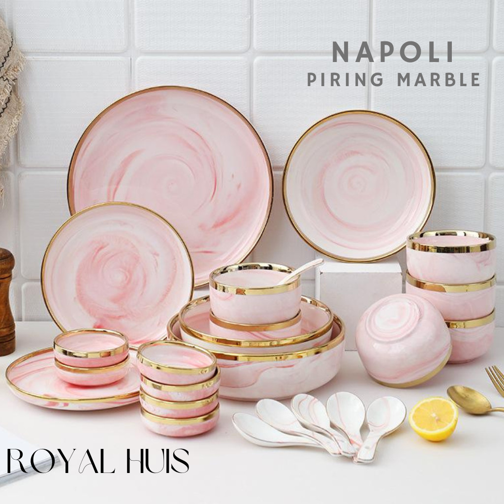 Piring Keramik Pink Marble List Gold Elegan / Piring Keramik Motif Marmer Pink List Emas Elegan Mewa