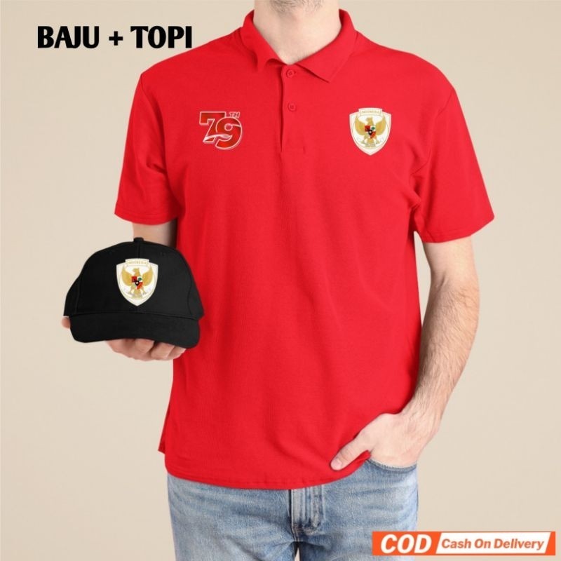 T-shirt Kaos Polo Kemerdekaan RI Ke 79 TH Baju Kerah Gratis Topi Atasan Pria Wanita Distro
