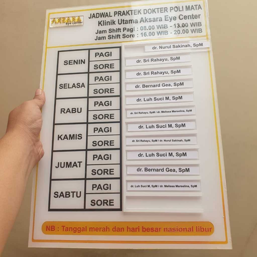 

Papan jadwal / Papan piket akrilik Akrilik Jadwal dokter Akrilik Jadwal dokter