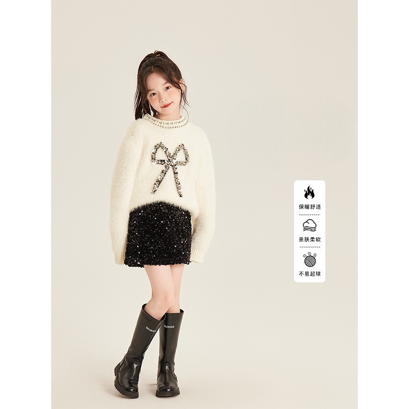 ( TOP2766 ) Atasan fur sweater bulu winter musim dingin anak tebal - cotton - pita ribbon - white pu