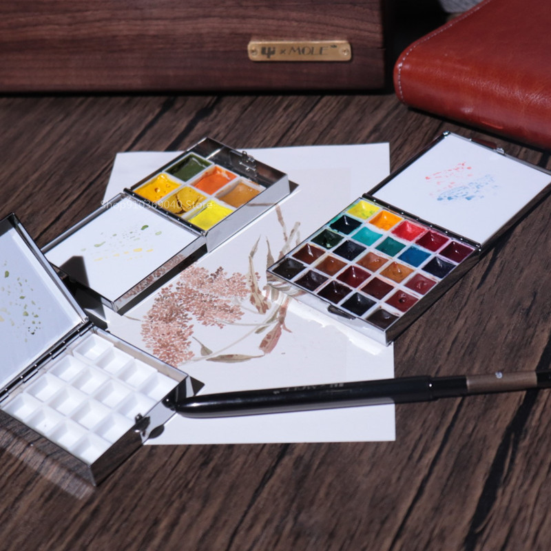 

Empty Portable Watercolor Paint Box Metal Watercolor Sub-packing Box Pigment Moisturizing Box Sketch Painting Art Supplies