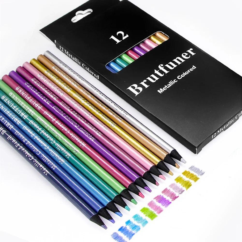 

12 Color Metallic Colored Pencils Drawing Sketching Set Coloring Colour Pencils Brutfuner Profession Art Supplies For Artist