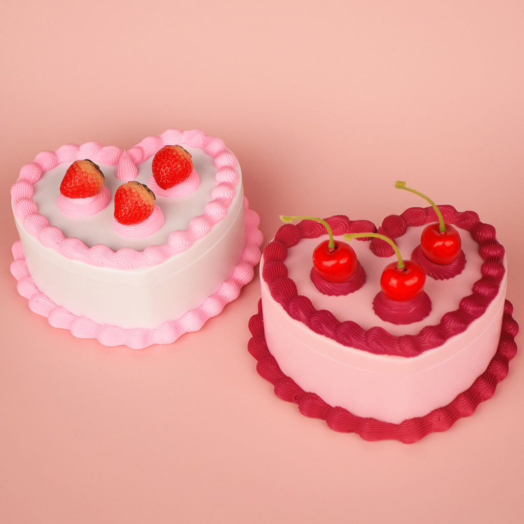 

5.9Inches Vintage-Style Pink and White Heart-Shaped Cherry Fake Cake Jewelry Box with Mirror! Simulation Strawberry Cake