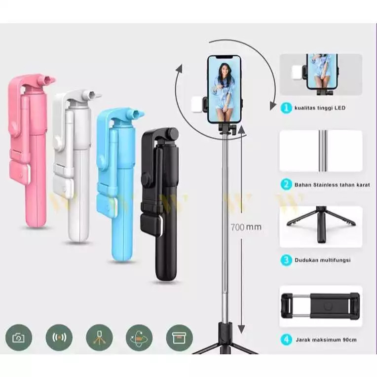 (JOERAGAN LAPAK) TRIPOD TONGSIS BLUETOOTH LED - TRIPOD TONGSIS 3IN1 LED - Tongsis Tripod 3 in 1 Blue