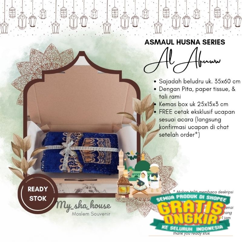 

PAKET AL AFUW. Hampers Kado Hadiah Gift Box Souvenir Parcel Sajadah pengajian tahlil wedding wisuda ultah kenangan anniversary idul fitri haji umroh/ keluarga oleh oleh