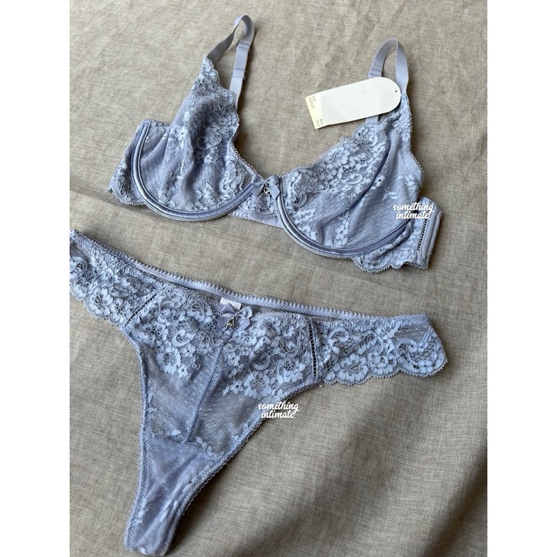 FULL TAG - C&A Isabelle Whispy Lace Balconette Bra Panty Set Thong Gstring Unlined Bralette in Baby 