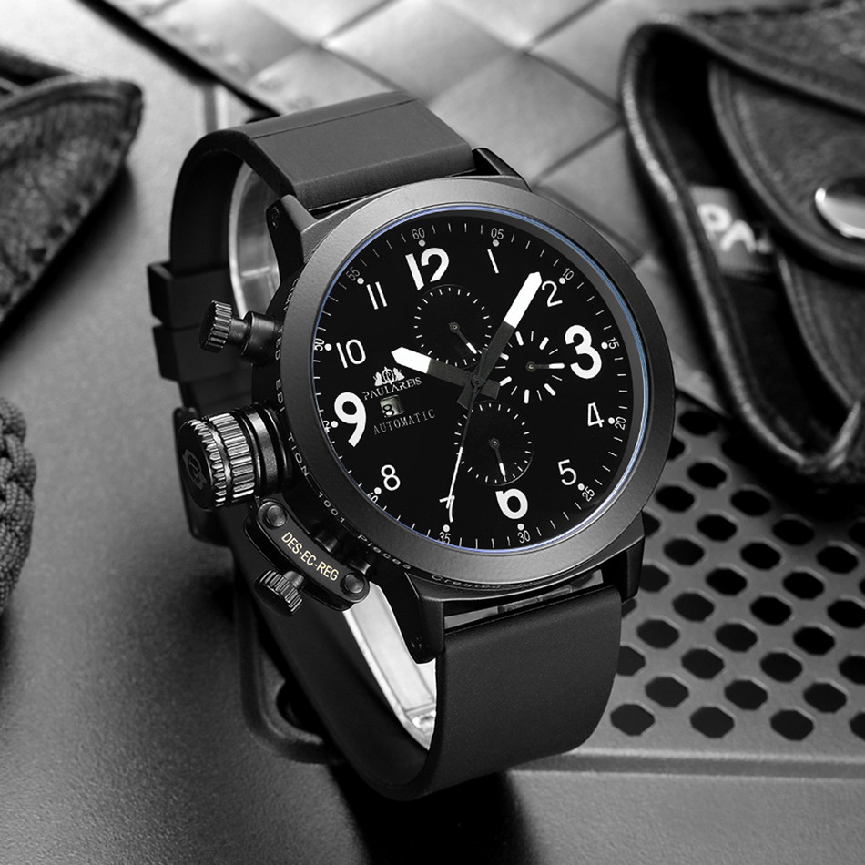 Automatic Mens Watch Self Wind Mechanical Rubber Strap Black Silver Boat Orange Blue Yellow Grey Fas