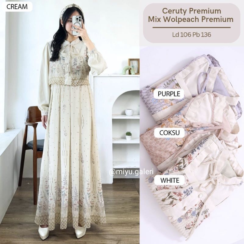 Korean Dress Ceruty Cantik Vintage motif bunga elegan gamis cantik vintage lipit motif bunga rompi p