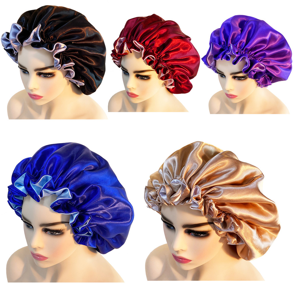 1PC Solid Satin Bonnet Cap Long Hair Care Women Night Sleep Hat Adjust Hair Styling Cap Silk Head Wr