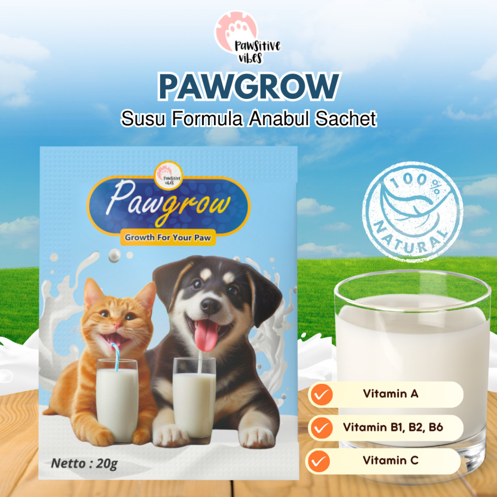 PAWGROW Susu Formula Untuk Anjing Kucing 20g - Goat Milk Powder - Susu Bubuk Murni Anjing Kucing - S