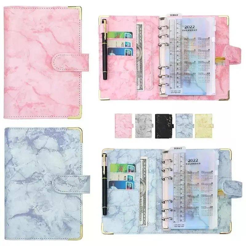 

A6 PU Leather Marble Notebook Binder Budget Planner Money Organizer for Cash Savings with 12 Zipper Envelope Pockets Stickers