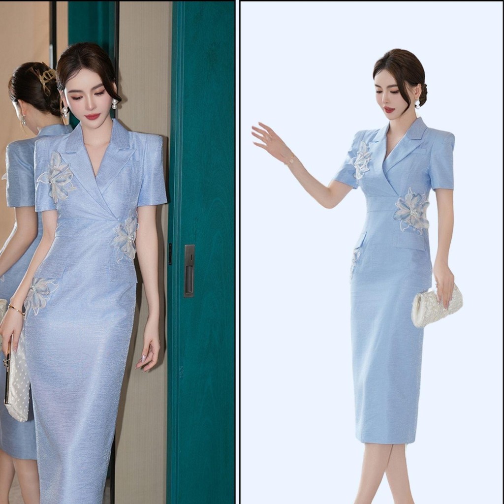 FOLADY - P634  Dress Cocktail Wanita Import Lengan Pendek Kerah V - Neck Hiasan Bunga Mewah Eelgant 