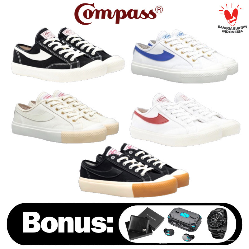 [ BONUS KAOS KAKI, JAM TANGAN, TWS GAMING ] Compass Gazelle Low Black White / Bluesky / Red gum / Ca