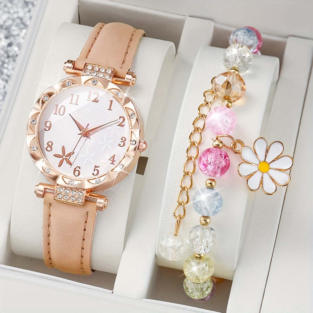 2PCS Jam Tangan Wanita Kuarsa Jam Tangan Tali Kulit Dial Berlian Bulat dengan Gelang Manik-manik (Ta